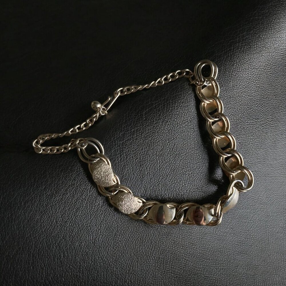 Vintage Brass Chain Choker Necklace With Textured & Polished Links 15.75"